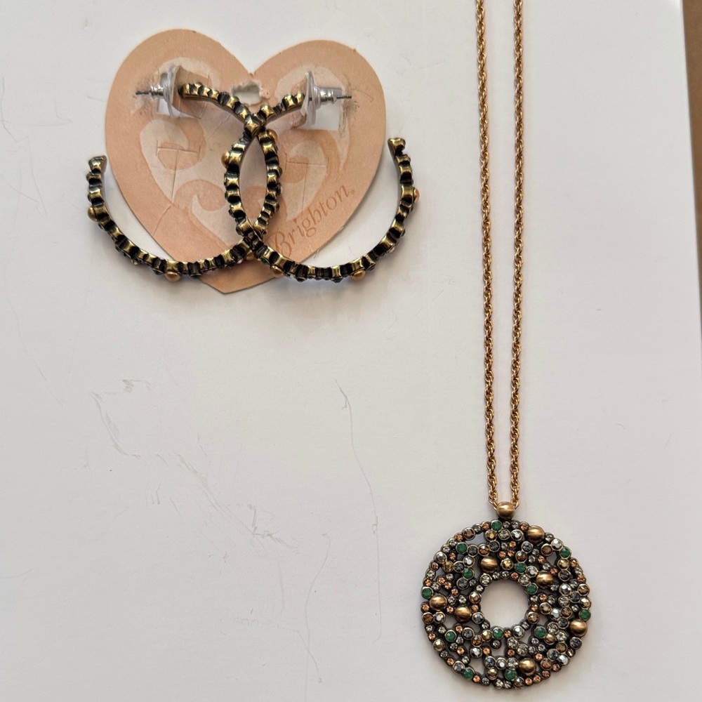 Brighton Gold, Green and Black Hoop Earrings with matching Necklace